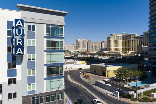 an aerial view of the city at Aura Vegas Apartments, Las Vegas, NV 89103