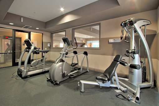 A gym with a mirror, treadmill, and exercise bike.
