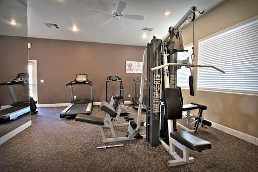 A home gym with a treadmill, elliptical trainer, and weightlifting equipment.