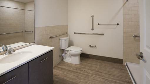 A bathroom with a toilet, sink, and grab bars at Denver Metro Village Apartments, Denver