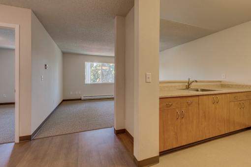 A kitchen with wooden cabinets and a window.