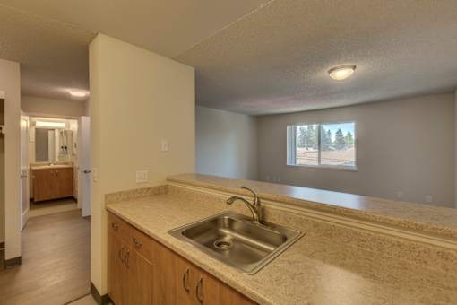 A kitchen with a sink and a window.