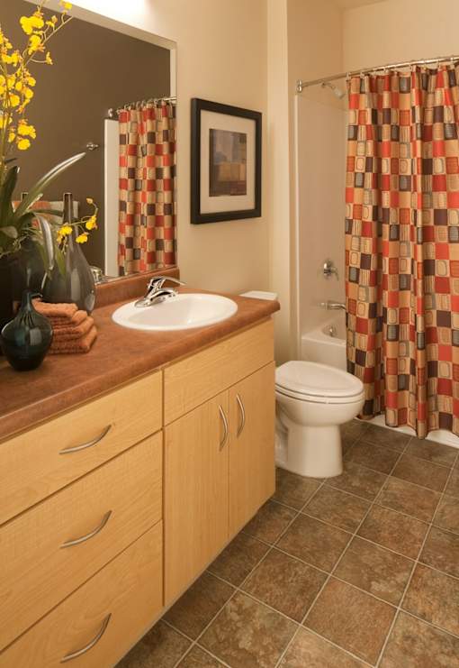 A bathroom with a brown counter top and a brown and white checkered shower curtain.