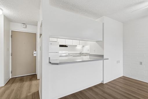 A kitchen with a sink and a counter.