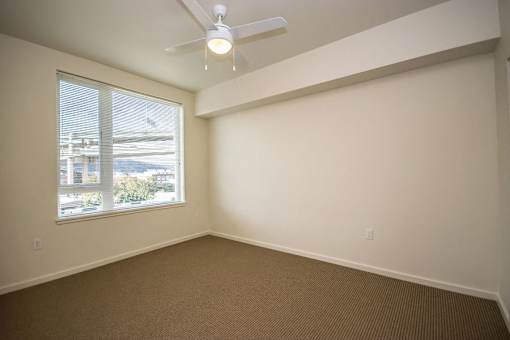 A room with a carpeted floor and a ceiling fan.