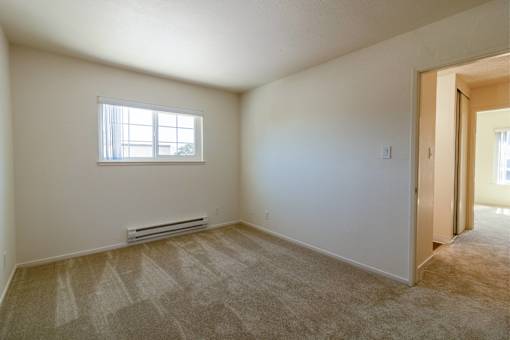 A room with a window and a carpeted floor.