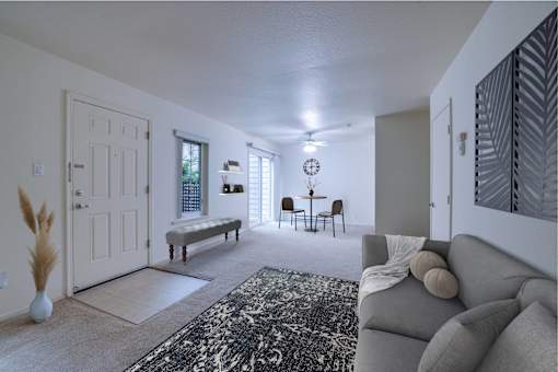 A living room with a grey couch and a black and white rug.