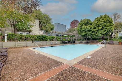 A pool surrounded by trees and a fence.