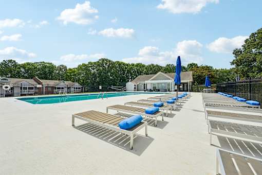 A pool with sun loungers and umbrellas is surrounded by trees.