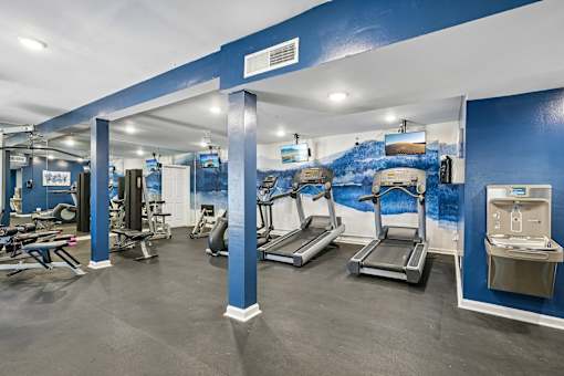A gym with treadmills, weights, and exercise equipment.