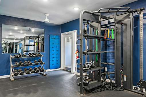 A gym with a blue wall and a mirror.