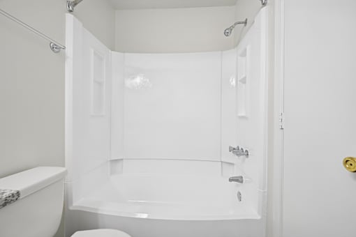 A white bathroom with a toilet and a bathtub.