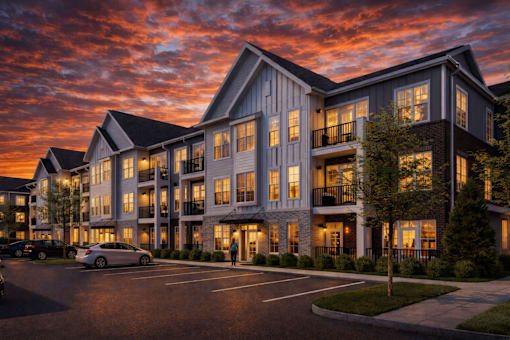A large, modern building with a parking lot in front of it.