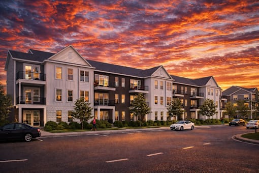 A modern apartment building with cars parked in front.