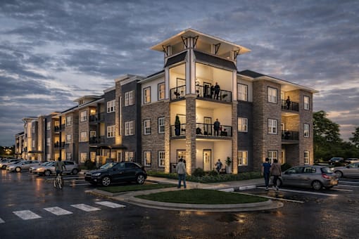A large apartment building with balconies and multiple cars parked in the parking lot.