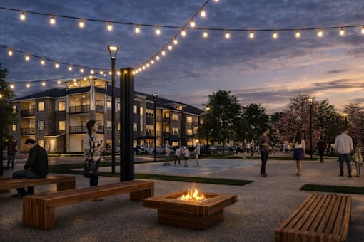 A park with people sitting and walking around a fire pit.