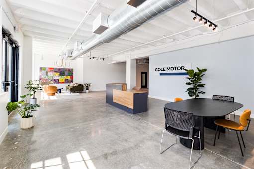 Wide view of the Cole Motor lobby and resident lounge in Cole Noble, Indianapolis