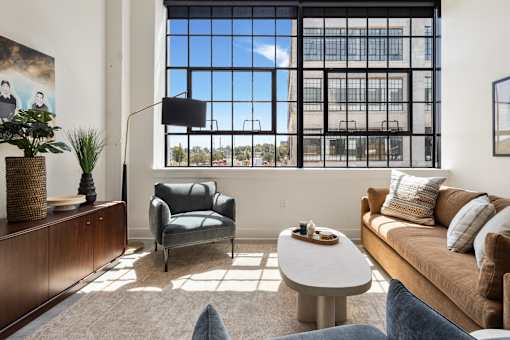 Apartment living room overlooking the Cole Noble neighborhood in downtown Indianapolis