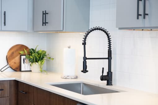 Matte black spring faucet and quartz countertop in a loft kitchen