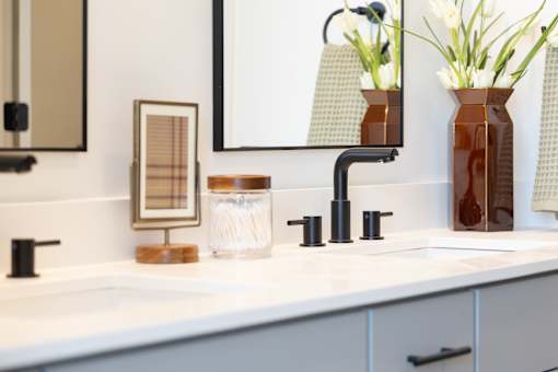 Double vanity with matte black fixtures and framed mirrors