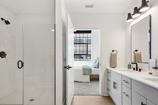 Bathroom with a walk-in shower on one side and a double vanity on the other