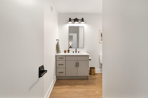Second full bathroom seen from the hallway with wood-look flooring