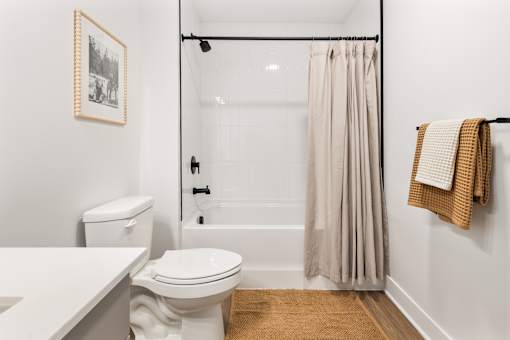 Tiled tub and shower with curtain rod and towel bar