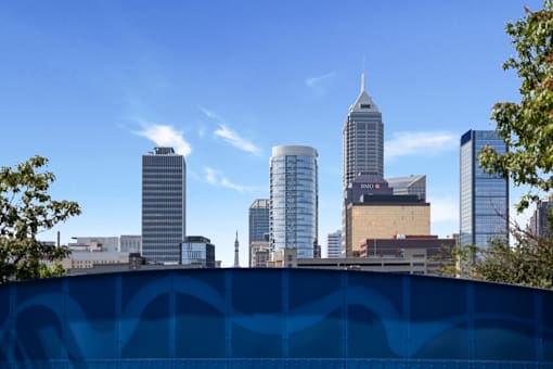 Downtown Indianapolis skyline seen from Cole Motor in Cole Noble