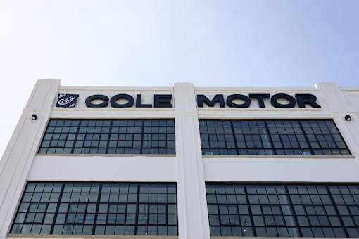 Cole Motor rooftop signage seen from below at 745 E Market St, Indianapolis 46202