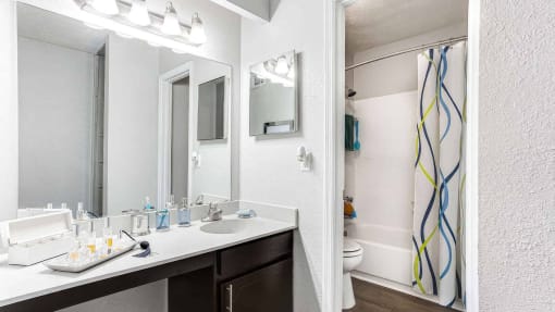 a bathroom with a sink and a mirror at Elea Apartments in Marietta, GA