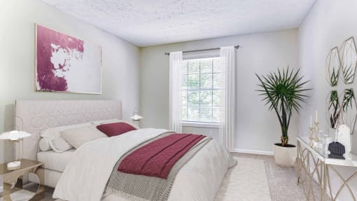 a white bedroom with a bed and a window at Elea Apartments in Marietta, GA