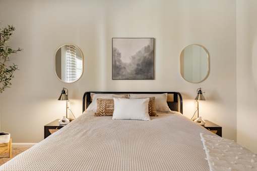 Bright Bedroom with Bed and comforter at Fieldstone at Glenwood Crossing, Cincinnati, Ohio