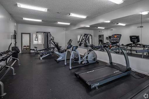 A gym with treadmills, elliptical machines, and other exercise equipment at Landmark at Lyncrest Reserve Apartments, Nashville