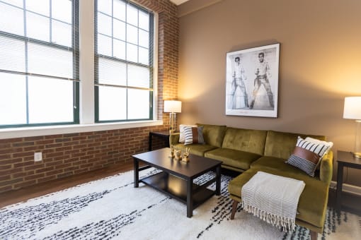 Modern Living Room at Harness Factory Lofts and Apartments, Indianapolis, IN, 46204