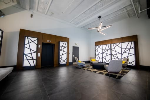 Lobby And Elevator Access at Janus Lofts, Managed by Buckingham Urban Living, Indiana