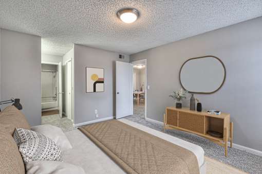 A spacious bedroom with a neutral color palette at Landmark at Lyncrest Reserve Apartments, Nashville, Tennessee