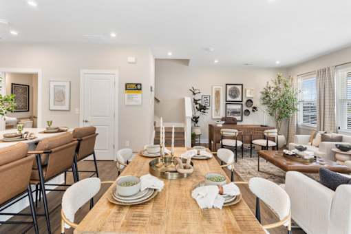 Bright open-concept dining and living space in single-family rental home at Mural Lewis Center featuring wood-style flooring, modern dining table, neutral decor, and seamless flow into kitchen and living areas