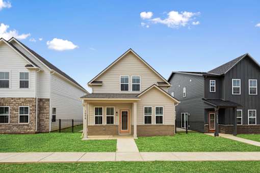 Wide view of community street with modern homes at Mural Lewis Center
