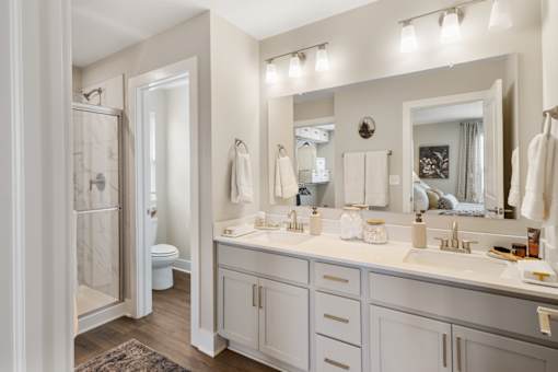 Bright apartment bathroom at Mural Lewis Center featuring dual sink vanity, white cabinetry, large mirror, modern lighting fixtures, and wood-style flooring