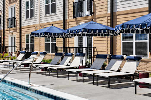 A row of sun loungers are arranged on a patio next to the swimming pool at Portrait Midtown.