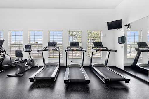 Modern 24-hour fitness center featuring treadmills, cardio equipment, mirrored walls, and large windows with natural light at Steeplechase at Shiloh Crossing Apartments in Avon, Indiana.