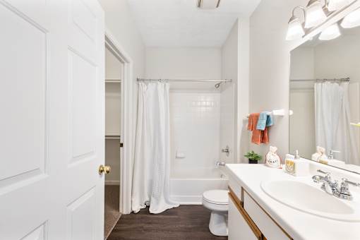 Modern apartment bathroom with a spacious vanity, oversized mirror, bathtub and shower combination, luxury vinyl plank flooring, and an adjoining walk-in closet at Steeplechase at Shiloh Crossing Apartments in Avon, Indiana.