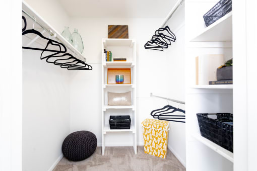 a walk in closet with white walls and shelves and a staircase with black and white
