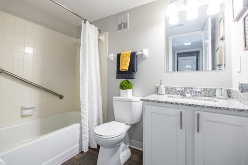 a bathroom with a toilet and a tub and a sink