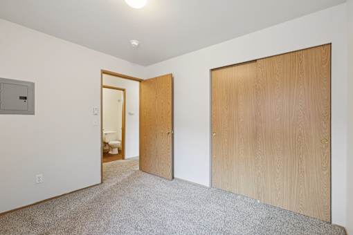 A room with a carpeted floor and two wooden doors.