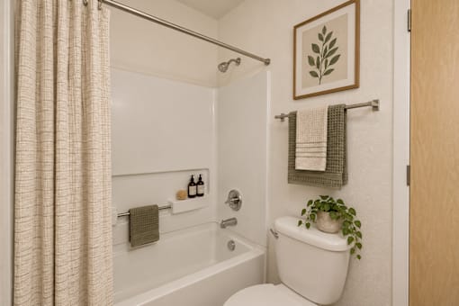 A bathroom with a white toilet and a white bathtub with a plant on the side.