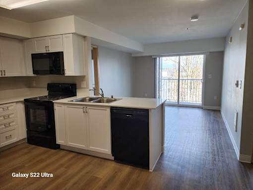 A kitchen with black appliances and white cabinets.