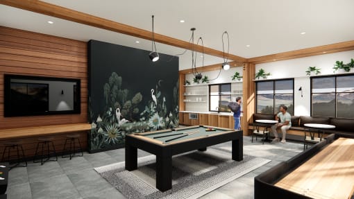 a rendering of the clubhouse with a pool table and dining area