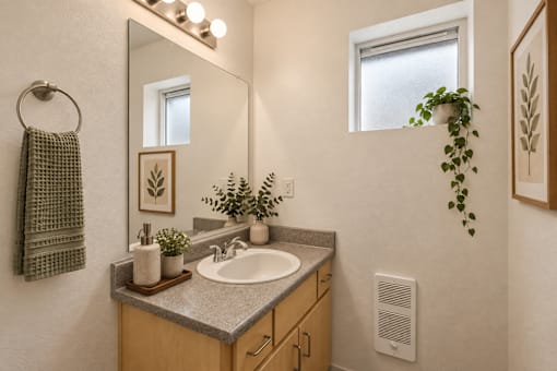 A bathroom with a mirror, a sink, and a plant.