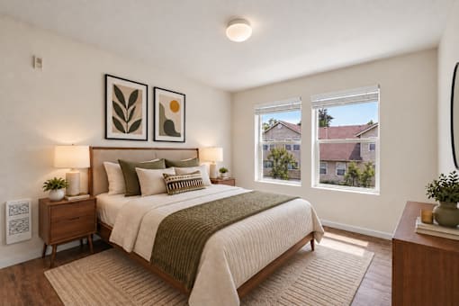 A bedroom with a large bed and a view of the outside.